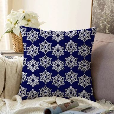 Lacivert Zeminli Beyaz Kartanesi Desenli Dijital Baskılı Modern Raşel Kırlent Kılıfı