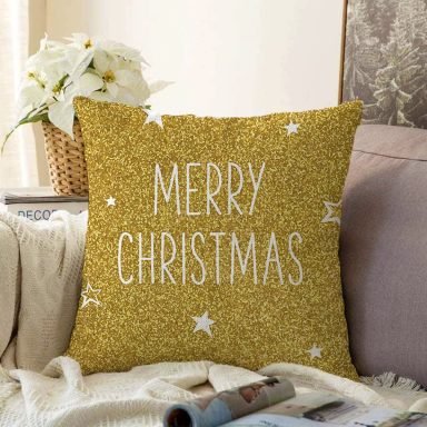 Gold Zeminde Merry Christmas Yazılı Dijital Baskılı Modern Raşel Yastık Kırlent Kılıfı