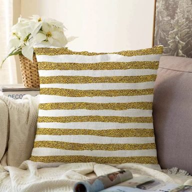 Beyaz Zeminde Gold Zigzag Desenli Dijital Baskılı Modern Raşel Yastık Kırlent Kılıfı