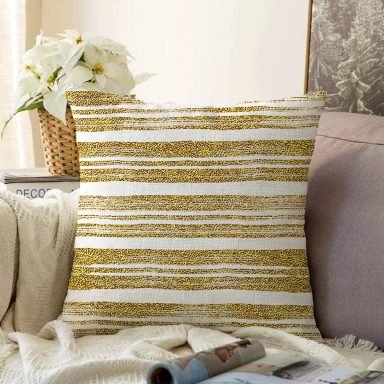 Beyaz Zeminde Gold Renkli Yaprak Desenli Dijital Baskılı Modern Raşel Yastık Kılıfı