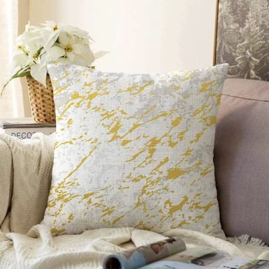 Gri Beyaz Zeminde Gold Detaylı Çizim Dijital Baskılı Modern Raşel Yastık Kırlent Kılıfı