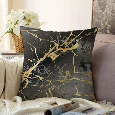 Siyah Zeminde Gold Renkli Çizim Desenli Dijital Baskılı Modern Raşel Yastık Kılıfı