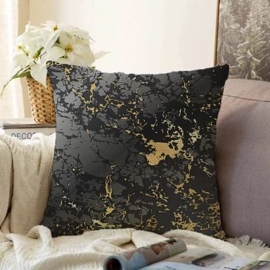 Siyah Zeminde Gold Renkli Çizim Desenli Dijital Baskılı Modern Raşel Yastık Kılıfı