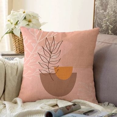 Pudra Zeminde Onedraw Çizimli Yaprak Desenli Dijital Baskılı Modern Raşel Kırlent Kılıfı