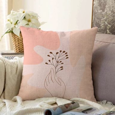 Pudra Zeminde Onedraw Çizimli Yaprak Desenli Dijital Baskılı Modern Raşel Kırlent Kılıfı
