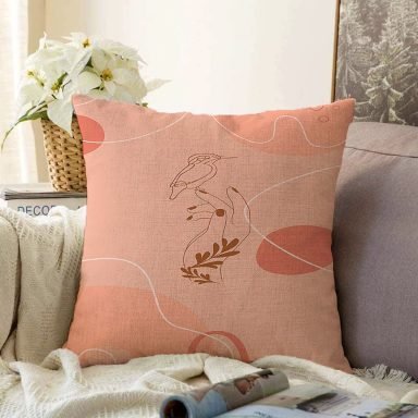 Pudra Zeminde Onedraw Çizimli Yaprak Desenli Dijital Baskılı Modern Raşel Kırlent Kılıfı