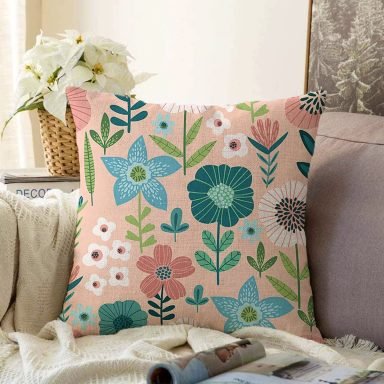 Pudra Zemin Üzerinde Çiçek Desenli Dijital Baskılı Modern Raşel Yastık Kırlent Kılıfı
