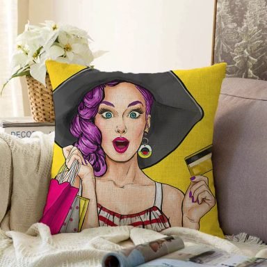 Pop Art Resimli Dijital Baskılı Dekoratif Raşel Yastık Kırlent Kılıfı