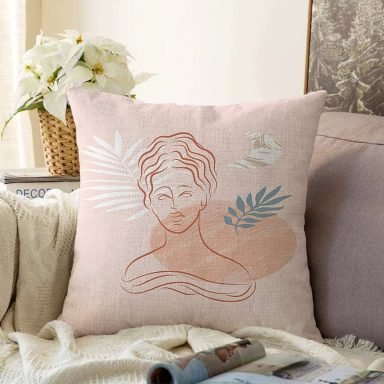 Pudra Zeminde Onedraw Çizimli Erkek Desenli Dijital Baskılı Modern Raşel Yastık Kılıfı