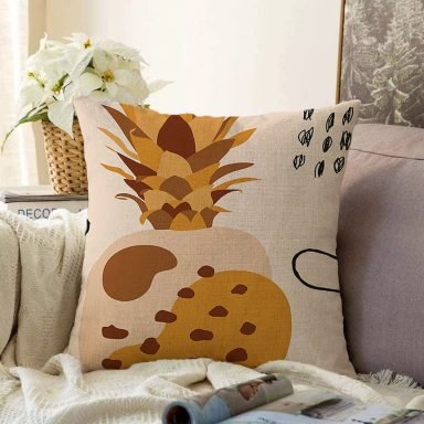 Renkli Zeminde Onedraw Çizimli Ananas Desenli Dijital Baskılı Modern Raşel Yastık Kılıfı