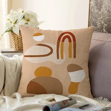 Renkli Zeminde Onedraw Çizimli Oval Desenli Dijital Baskılı Modern Raşel Yastık Kılıfı
