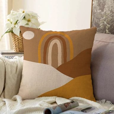 Renkli Zeminde Onedraw Çizimli Oval Desenli Dijital Baskılı Modern Raşel Yastık Kılıfı