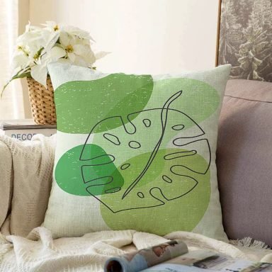 Renkli Zeminde Yaprak Motifli Dijital Baskılı Modern Raşel Yastık Kırlent Kılıfı