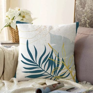 Beyaz Zeminde Onedraw Çizimli Yaprak Desenli Dijital Baskılı Modern Raşel Kırlent Kılıfı