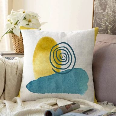 Beyaz Zeminde Onedraw Çizimli Renkli Oval Obje Modern Raşel Yastık Kırlent Kılıfı