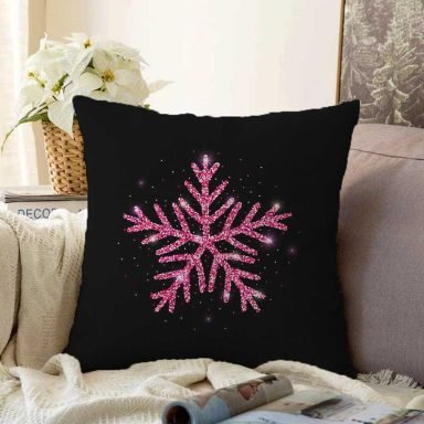 Siyah Zeminli Pembe Renkli Kartanesi Desenli Dijital Baskılı Modern Raşel Kırlent Kılıfı