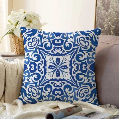 Beyaz Zeminli Çini Desenli Dijital Baskılı Modern Raşel Yastık Kırlent Kılıfı