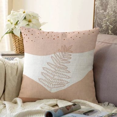 Pastel Zeminli Onedraw Çizimli Yaprak Desenli Dijital Baskılı Modern Raşel Yastık Kılıfı