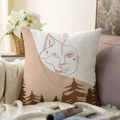 Pastel Zeminli Onedraw Çizimli Bayan Silüeti Dijital Baskılı Modern Raşel Kırlent Kılıfı