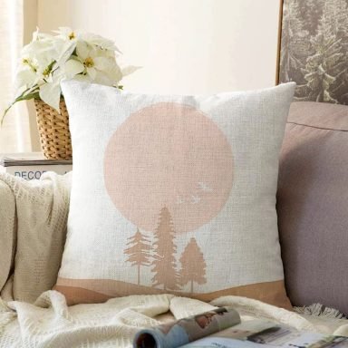 Pastel Zeminli Onedraw Çizimli Doğa Temalı Dijital Baskılı Modern Raşel Kırlent Kılıfı
