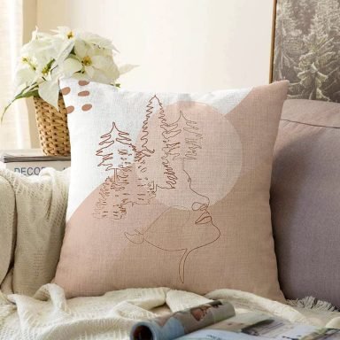 Pastel Zeminli Onedraw Çizimli Bayan Silüeti Dijital Baskılı Modern Raşel Kırlent Kılıfı