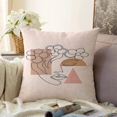 Pastel Zeminli Onedraw Çizimli Bayan Silüeti Dijital Baskılı Modern Raşel Kırlent Kılıfı