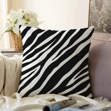 Beyaz Zemin Üzerinde Zebra Desenli Dijital Baskılı Modern Raşel Yastık Kırlent Kılıfı
