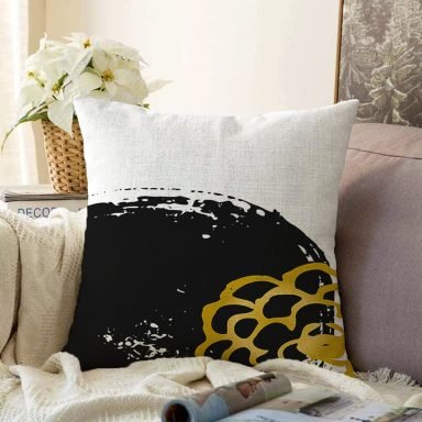 Beyaz Zeminli Gold Detaylı Oval Çizim Dijital Baskılı Modern Raşel Yastık Kırlent Kılıfı