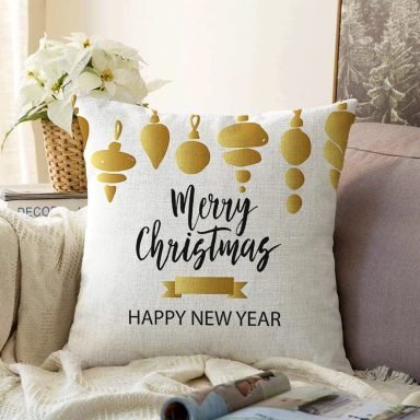 Beyaz Zemin Üzerinde Gold Detaylı Merry Christmas Yazılı Raşel Yastık Kırlent Kılıfı