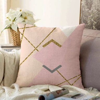 Pastel Zemin Üzerinde Gold Detaylı Modern Çizgili Modern Raşel Yastık Kırlent Kılıfı
