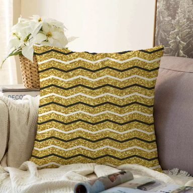 Gold Zemin Üzerinde Modern Renkli Zigzag Desenli Modern Raşel Yastık Kırlent Kılıfı