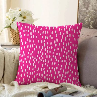 Pembe Zeminli Beyaz Puantiye Desenli Dijital Baskılı Modern Raşel Yastık Kırlent Kılıfı