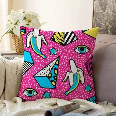 Pembe Zeminli Modern Renkli Desenli Dijital Baskılı Modern Raşel Yastık Kırlent Kılıfı