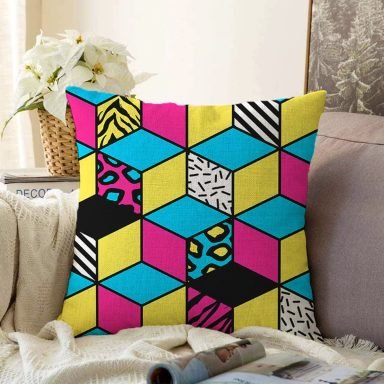 Renkli Zemin Üzerinde Modern Geometrik Küp Desenli Modern Raşel Yastık Kırlent Kılıfı