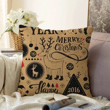 Renkli Zemin Üzerinde Yılbaşı Desenli Merry Christmas Yazılı Raşel Yastık Kırlent Kılıfı