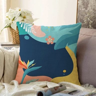 Renkli Zeminli Pastel Yaprak Desenli Dijital Baskılı Modern Raşel Yastık Kırlent Kılıfı