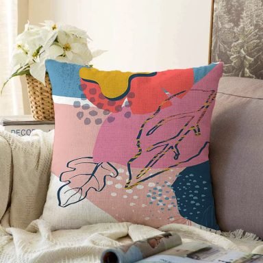 Renkli Zemin Üzerinde Pastel Desenli Çiçek Motifli Modern Raşel Yastık Kırlent Kılıfı