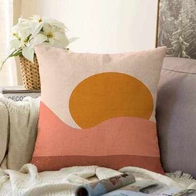 Pastel Zemin Üzerinde Güneş Desenli Dijital Baskılı Modern Raşel Yastık Kırlent Kılıfı