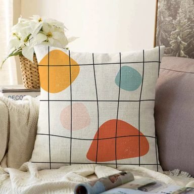 Beyaz Zeminli Geometrik Desenli Dijital Baskılı Modern Raşel Yastık Kırlent Kılıfı