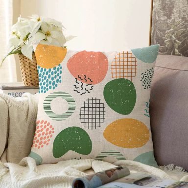 Beyaz Zeminli Geometrik Desenli Dijital Baskılı Modern Raşel Yastık Kırlent Kılıfı