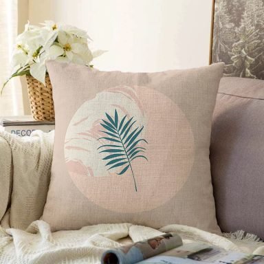 Pastel Zemin Üzerinde Yaprak Desenli Dijital Baskılı Modern Raşel Yastık Kırlent Kılıfı