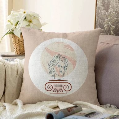 Pastel Zemin Üzerinde Yaprak Desenli Dijital Baskılı Modern Raşel Yastık Kırlent Kılıfı