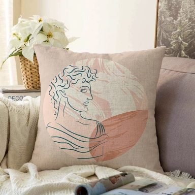 Pastel Zemin Üzerinde Antik Desenli Dijital Baskılı Modern Raşel Yastık Kırlent Kılıfı