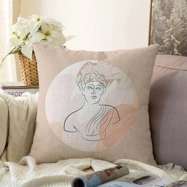 Pastel Zemin Üzerinde Antik Desenli Dijital Baskılı Modern Raşel Yastık Kırlent Kılıfı