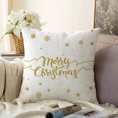 Beyaz Zemin Üzerinde Gold Detaylı Kartaneli Merry Christmas Yazılı Raşel Kırlent Kılıfı