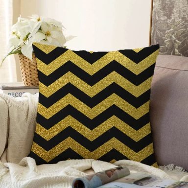 Gold Zemin Üzerinde Siyah Geometrik Zigzag Desenli Modern Raşel Yastık Kırlent Kılıfı
