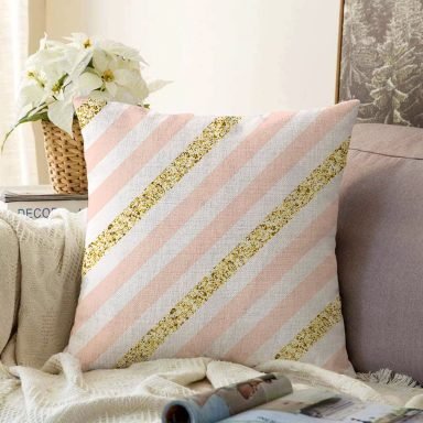 Beyaz Zeminli Pembe Yatay Çizgili Dijital Baskılı Modern Raşel Yastık Kırlent Kılıfı