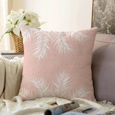 Pastel Zeminli Beyaz Yaprak Desenli Dijital Baskılı Modern Raşel Yastık Kırlent Kılıfı