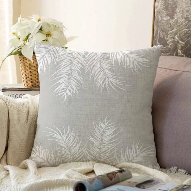 Pastel Zeminli Beyaz Yaprak Desenli Dijital Baskılı Modern Raşel Yastık Kırlent Kılıfı