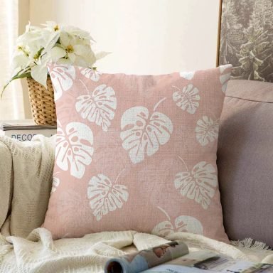 Pastel Zeminli Beyaz Yaprak Desenli Dijital Baskılı Modern Raşel Yastık Kırlent Kılıfı